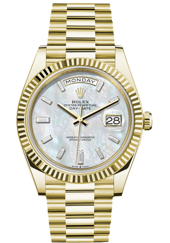 Rolex Yellow Gold Day-Date 40 Watch - Fluted Bezel - White Mother-Of-Pearl Dial - President Bracelet