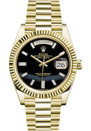 Rolex Yellow Gold Day-Date 40 Watch - Fluted Bezel - Onyx Dial - President Bracelet