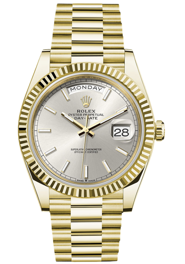 Rolex Yellow Gold Day-Date 40 Watch - Fluted Bezel - Silver Index Dial - President Bracelet