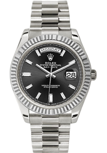 Rolex White Gold Day-Date 40 Watch - Fluted Bezel - Black Baguette Diamond Dial - President Bracelet