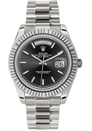 Rolex White Gold Day-Date 40 Watch - Fluted Bezel - Black Index Dial - President Bracelet