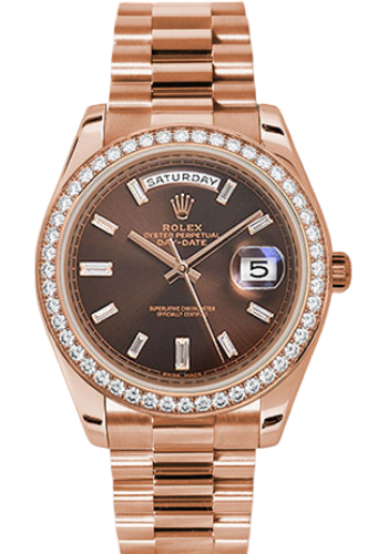 Rolex Everose Gold Day-Date 40 Watch - Everose Gold Bezel - Chocolate Baguette Diamond Dial - President Bracelet