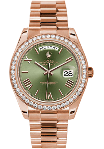 Rolex Everose Gold Day-Date 40 Watch - Everose Gold Bezel - Olive Green Bevelled Roman Dial - President Bracelet