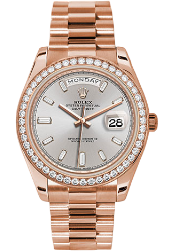 Rolex Everose Gold Day-Date 40 Watch - Everose Gold Bezel - Sundust Baguette-Cut Diamond Dial - President Bracelet