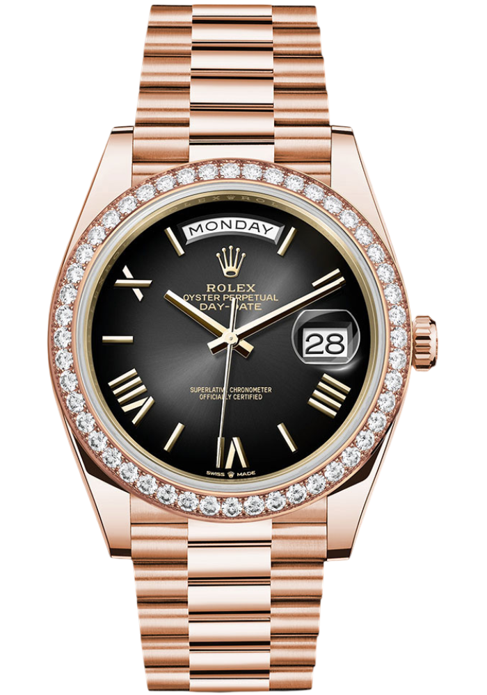 Rolex Everose Gold Day-Date 40 Watch - Diamond Bezel - Slate OmbrÃ© Roman Dial - President Bracelet