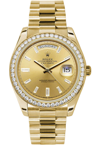 Rolex Yellow Gold Day-Date 40 Watch - Yellow Gold Bezel - Champagne Baguette Diamond Dial - President Bracelet