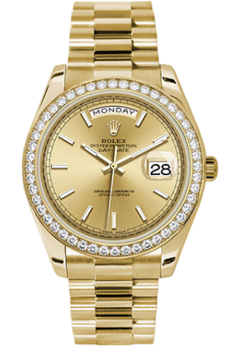 Rolex Yellow Gold Day-Date 40 Watch - Bezel - Champagne Index Dial - President Bracelet