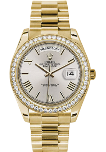 Rolex Yellow Gold Day-Date 40 Watch - Bezel - Silver Bevelled Roman Dial - President Bracelet