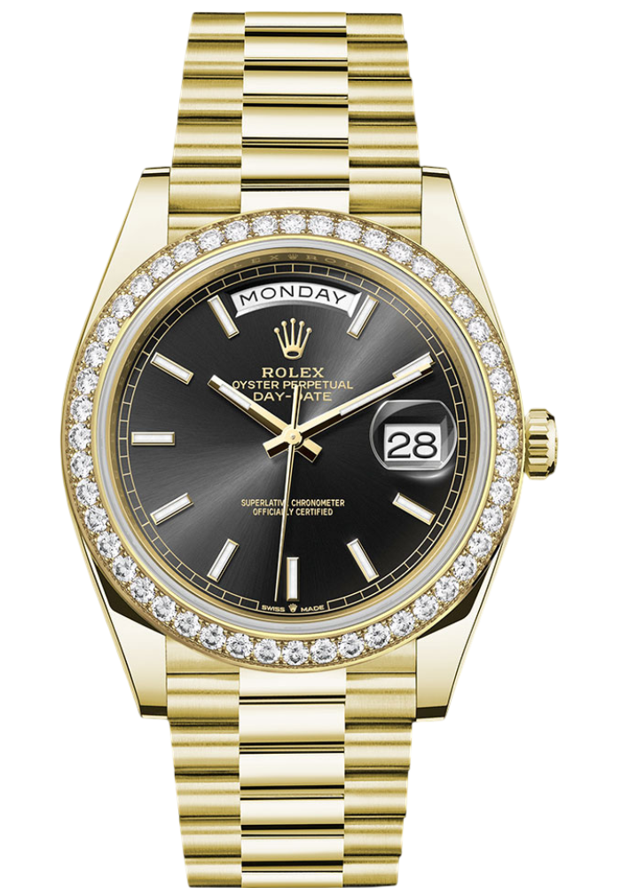 Rolex Yellow Gold Day-Date 40 Watch - Diamond Bezel - Black Index Dial - President Bracelet