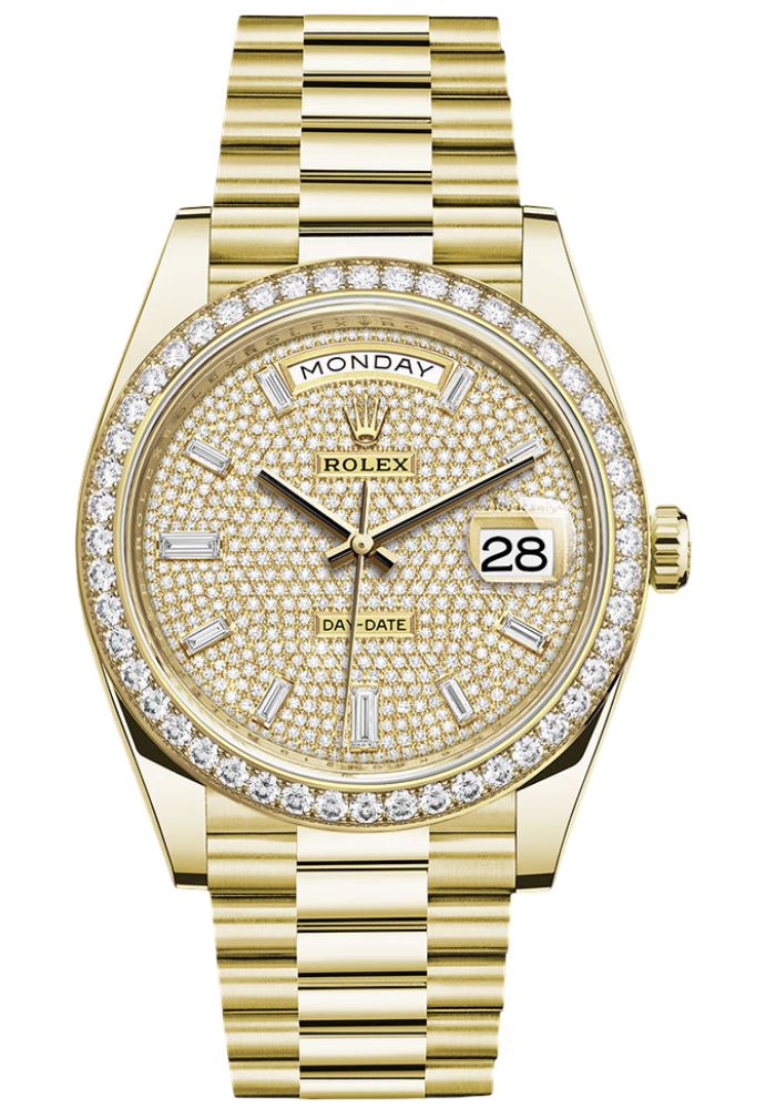 Rolex Yellow Gold Day-Date 40 Watch - Diamond Bezel - Diamond-Paved Dial - President Bracelet