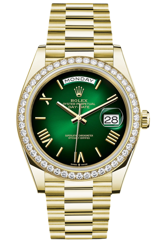Rolex Yellow Gold Day-Date 40 Watch - Diamond Bezel - Green OmbrÃ© Roman Dial - President Bracelet
