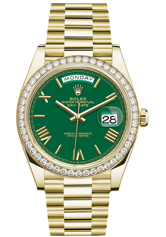 Rolex Yellow Gold Day-Date 40 Watch - Diamond Bezel - Green Roman Dial - President Bracelet