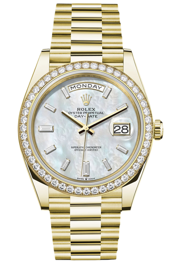 Rolex Yellow Gold Day-Date 40 Watch - Diamond Bezel - White Mother-Of-Pearl Dial - President Bracelet