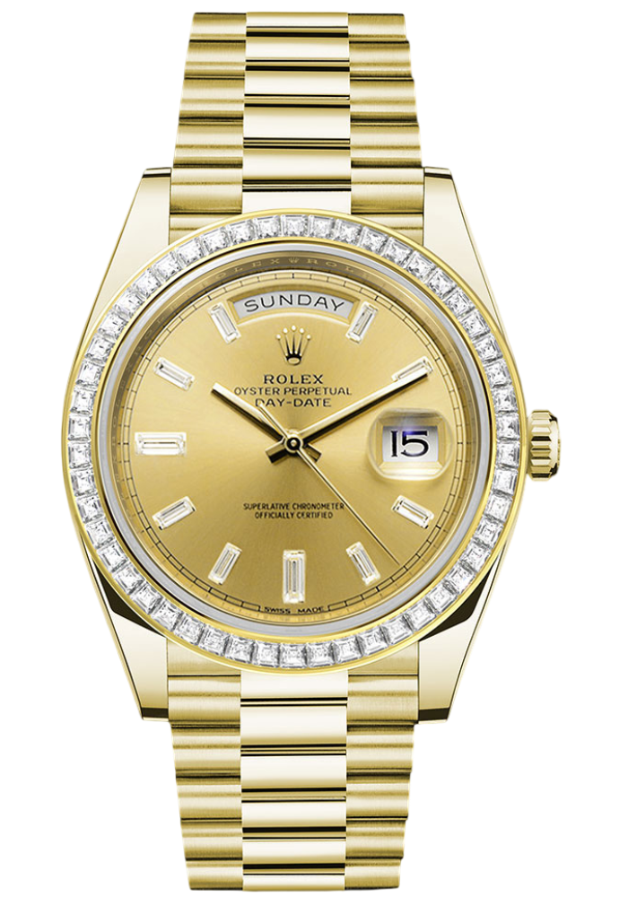 Rolex Yellow Gold Day-Date 40 Watch - Baguette Diamond Bezel - Champagne Baguette Diamond Dial - President Bracelet
