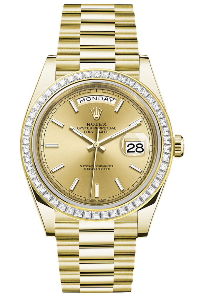 Rolex Yellow Gold Day-Date 40 Watch - Baguette Diamond Bezel - Champagne Index Dial - President Bracelet