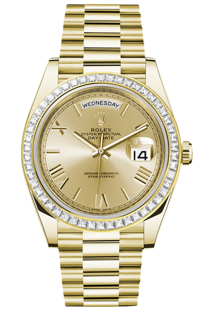 Rolex Yellow Gold Day-Date 40 Watch - Baguette Diamond Bezel - Champagne Bevelled Roman Dial - President Bracelet