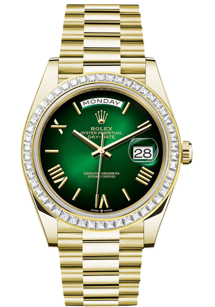 Rolex Yellow Gold Day-Date 40 Watch - Diamond Bezel - Green OmbrÃ© Roman Dial - President Bracelet