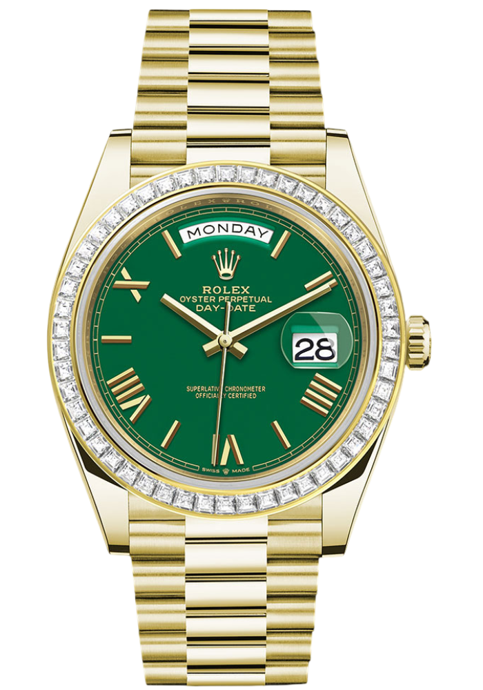 Rolex Yellow Gold Day-Date 40 Watch - Baguette Diamond Bezel - Green Roman Dial - President Bracelet