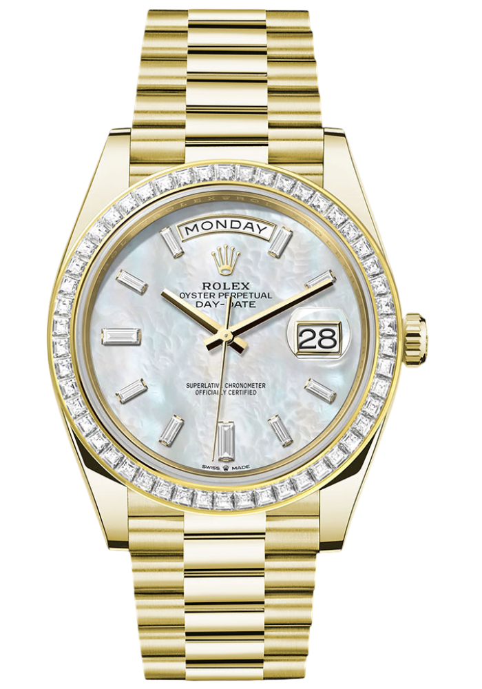 Rolex Yellow Gold Day-Date 40 Watch - Diamond Bezel - White Mother-Of-Pearl Dial - President Bracelet