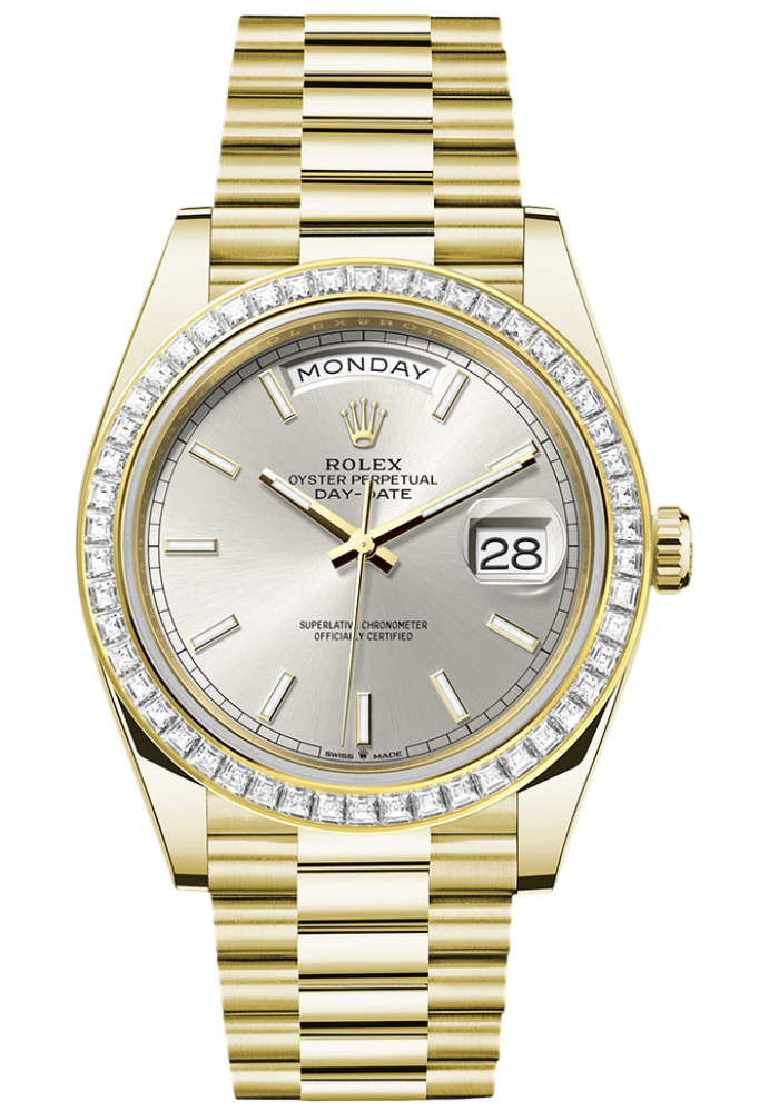 Rolex Yellow Gold Day-Date 40 Watch - Diamond Bezel - Silver Index Dial - President Bracelet
