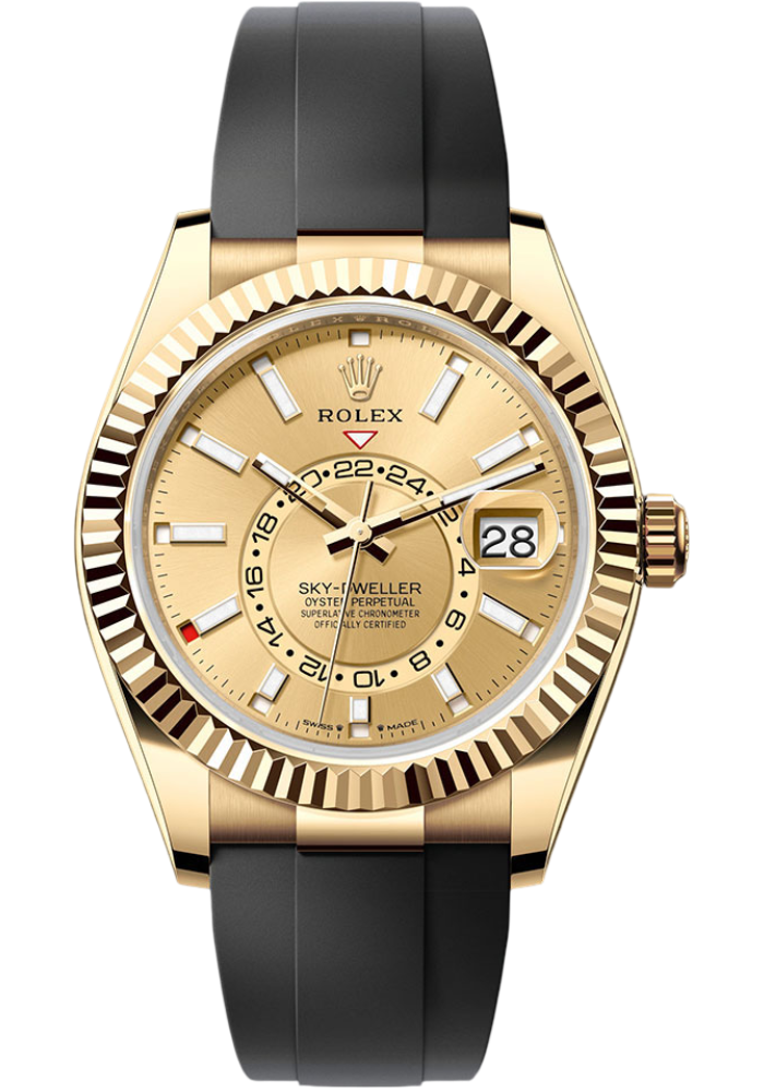 Rolex Yellow Gold Sky-Dweller Watch - Fluted Ring Command Bezel - Champagne Index Dial - Oysterflex Strap