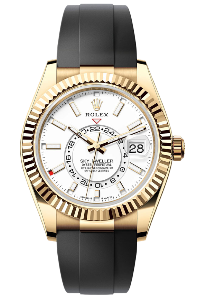 Rolex Yellow Gold Sky-Dweller Watch - Fluted Ring Command Bezel - White Index Dial - Oysterflex Strap