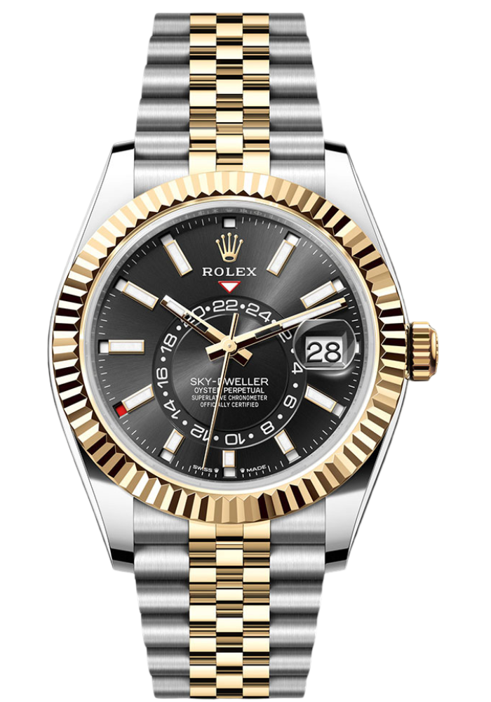 Rolex Yellow Rolesor Sky-Dweller Watch - Fluted Ring Command Bezel - Black Index Dial - Jubilee Bracelet