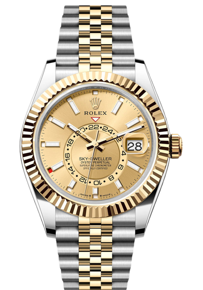 Rolex Yellow Rolesor Sky-Dweller Watch - Fluted Ring Command Bezel - Champagne Index Dial - Jubilee Bracelet