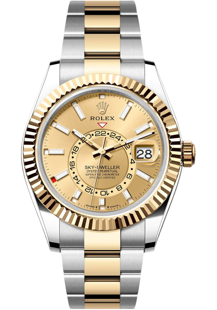 Rolex Yellow Rolesor Sky-Dweller Watch - Fluted Ring Command Bezel - Champagne Index Dial - Oyster Bracelet