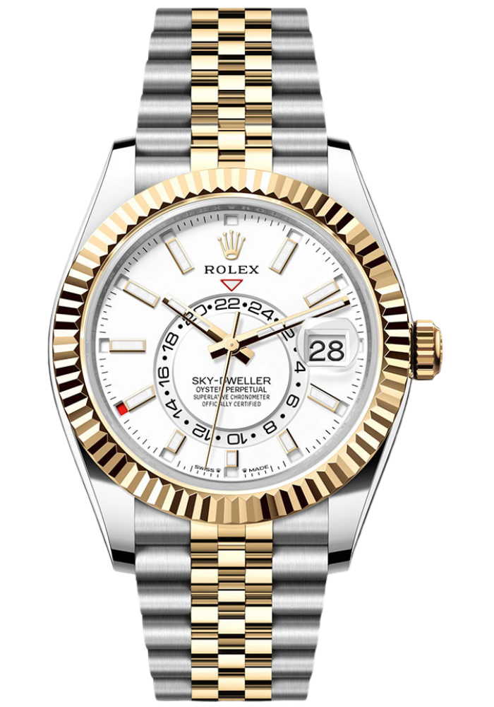 Rolex Yellow Rolesor Sky-Dweller Watch - Fluted Ring Command Bezel - White Index Dial - Jubilee Bracelet