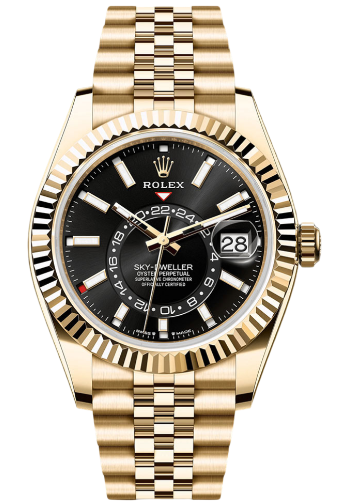 Rolex Yellow Gold Sky-Dweller Watch - Fluted Ring Command Bezel - Black Index Dial - Jubilee Bracelet