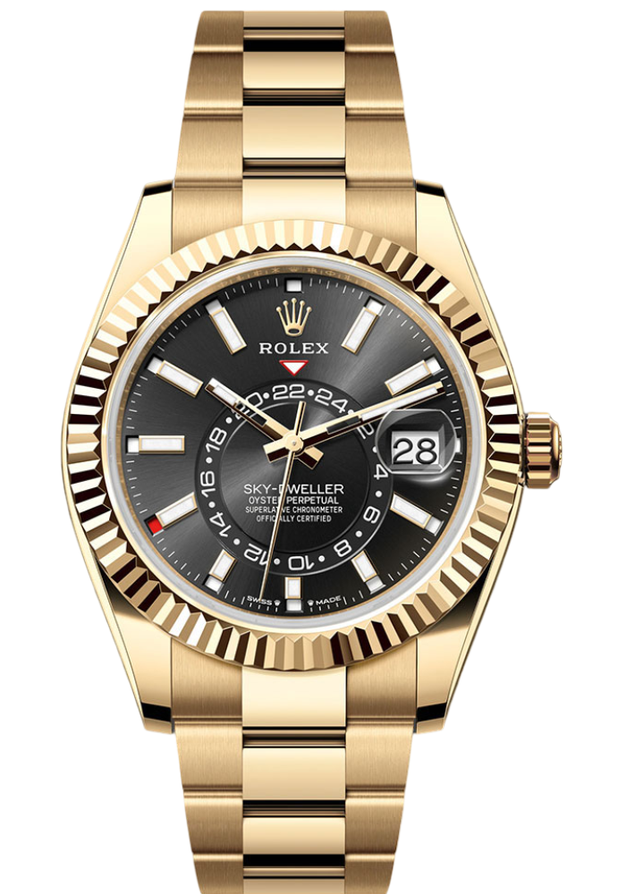 Rolex Yellow Gold Sky-Dweller Watch - Fluted Ring Command Bezel - Black Index Dial - Oyster Bracelet