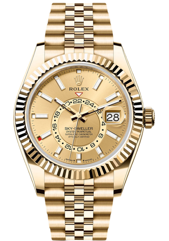 Rolex Yellow Gold Sky-Dweller Watch - Fluted Ring Command Bezel - Champagne Index Dial - Jubilee Bracelet