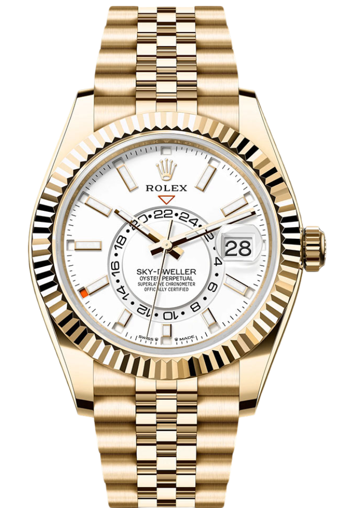 Rolex Yellow Gold Sky-Dweller Watch - Fluted Ring Command Bezel - White Index Dial - Oyster Bracelet