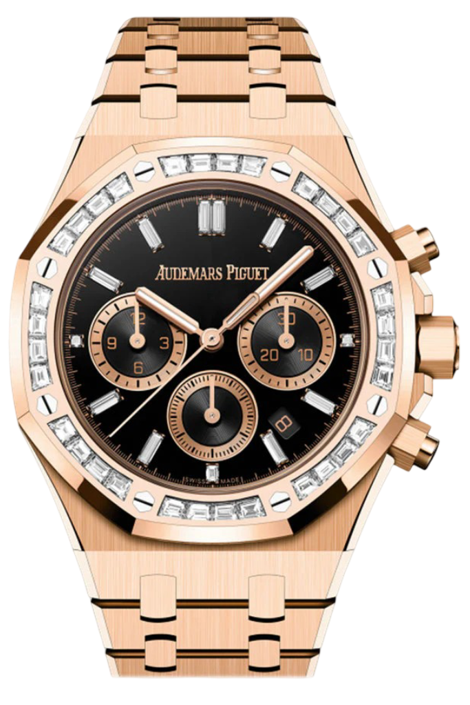 Audemars Piguet Royal Oak Chronograph Rose Gold Diamond Bezel Black Onyx Diamond Baguette Dial Watch 26715OR.ZZ.1356OR.02