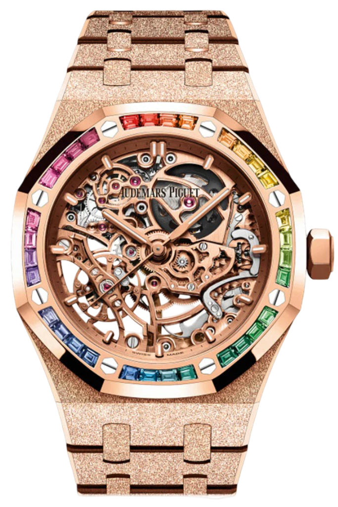 Audemars Piguet Royal Oak Frosted Gold Double Balance Wheel Openworked Rose Gold 37mm Rainbow Sapphire Watch 15468OR.YG.1259OR.01-B