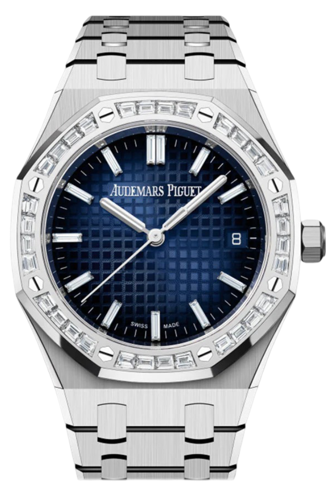 Audemars Piguet Royal Oak White Gold Diamond Set Bezel Blue Diamond Baguette Dial Watch 15551BC.ZZ.1356BC.01