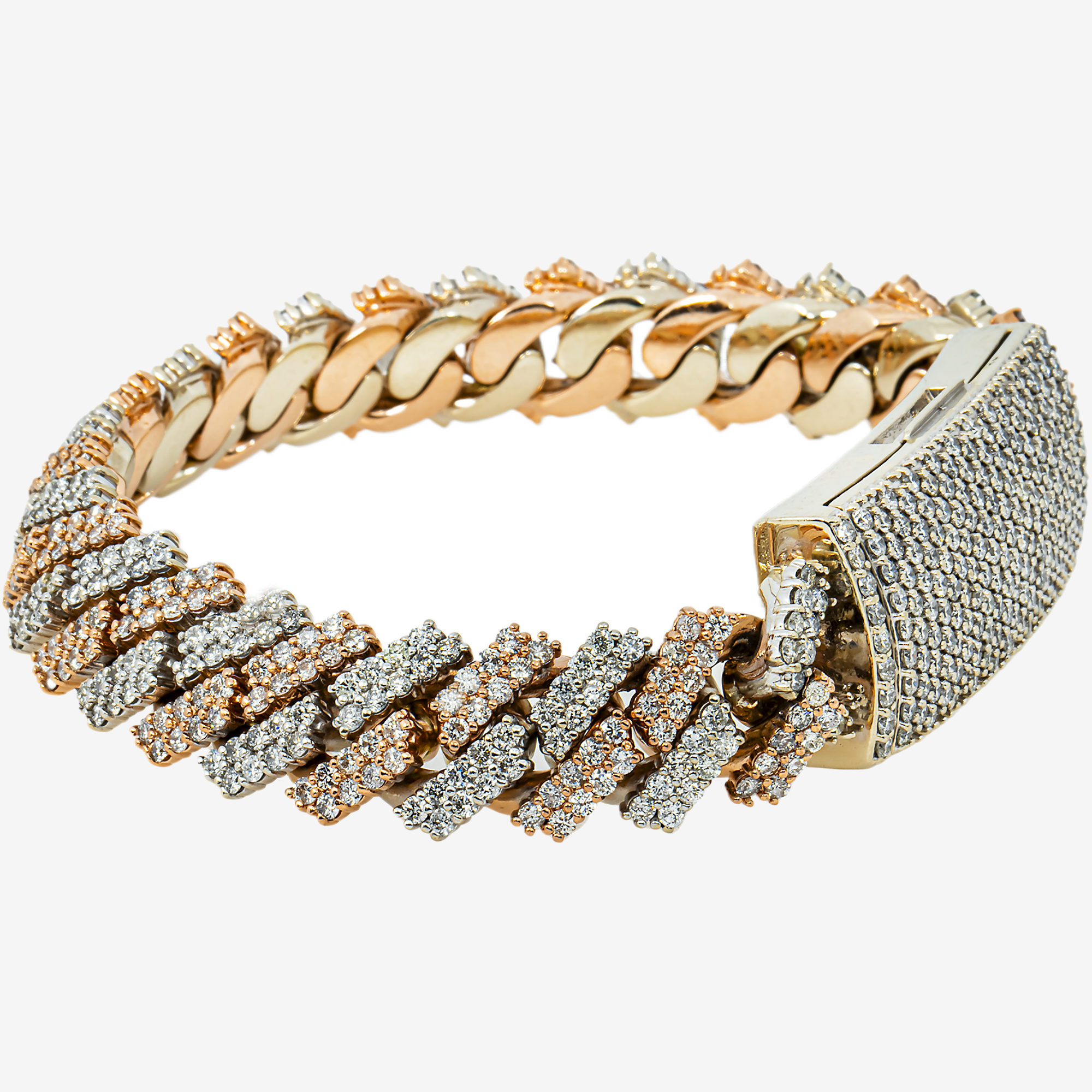 14K TWO TONE GOLD 8" / 15MM PRONG SET CUBAN BRACELET WITH 18.74 CT DIAMONDS