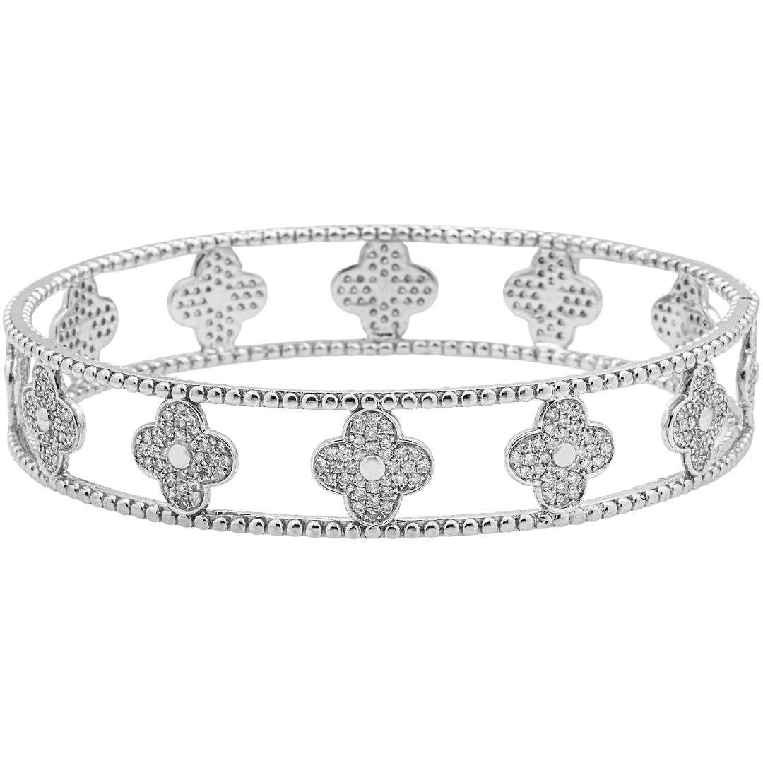 14K DIAMOND CLOVER FLOWER ETERNITY BAND PAVE FOUR LEAF CLOVER MILGRAIN OPEN WORK STACKABLE RING IN WG