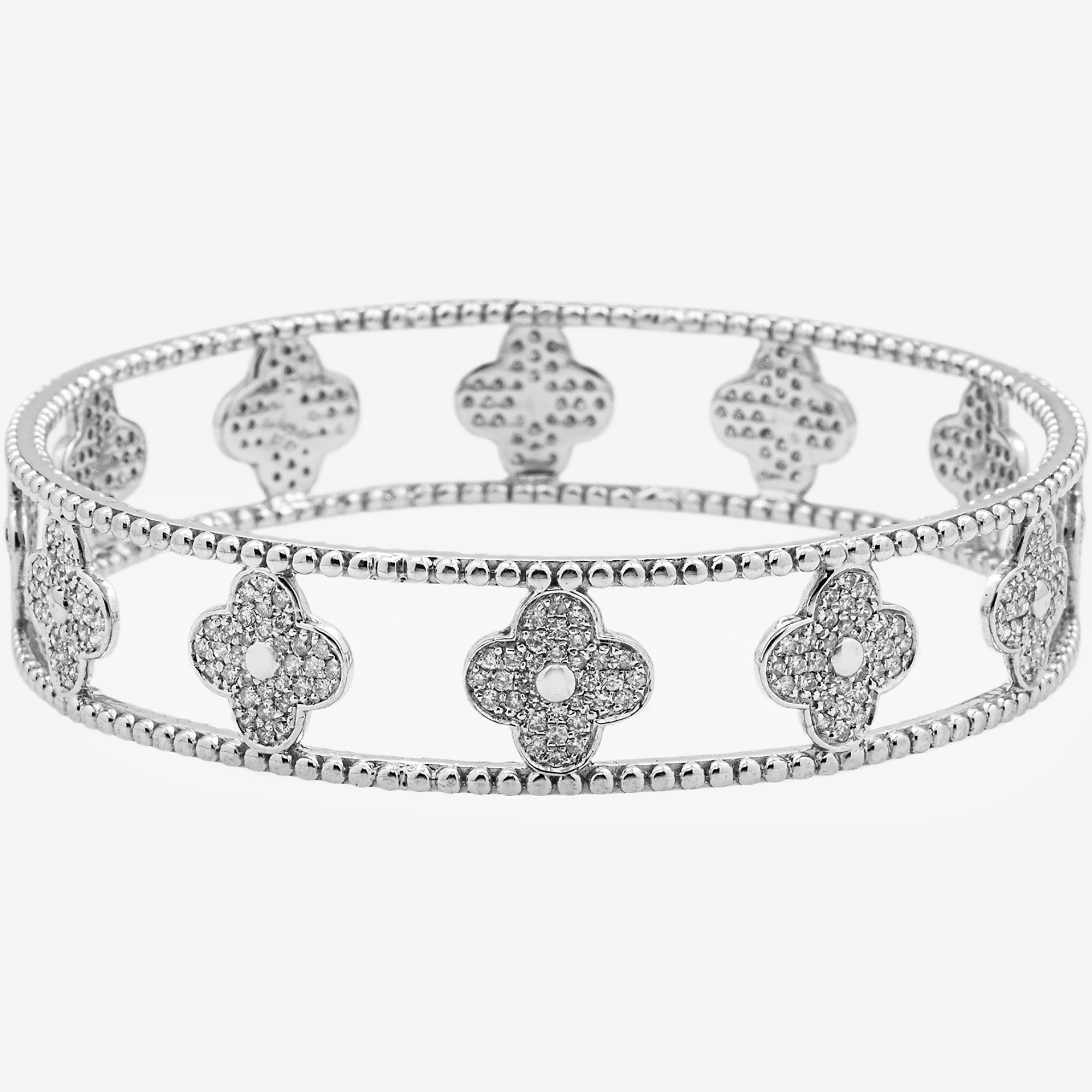 14K DIAMOND CLOVER FLOWER ETERNITY BAND PAVE FOUR LEAF CLOVER MILGRAIN OPEN WORK STACKABLE RING IN WG