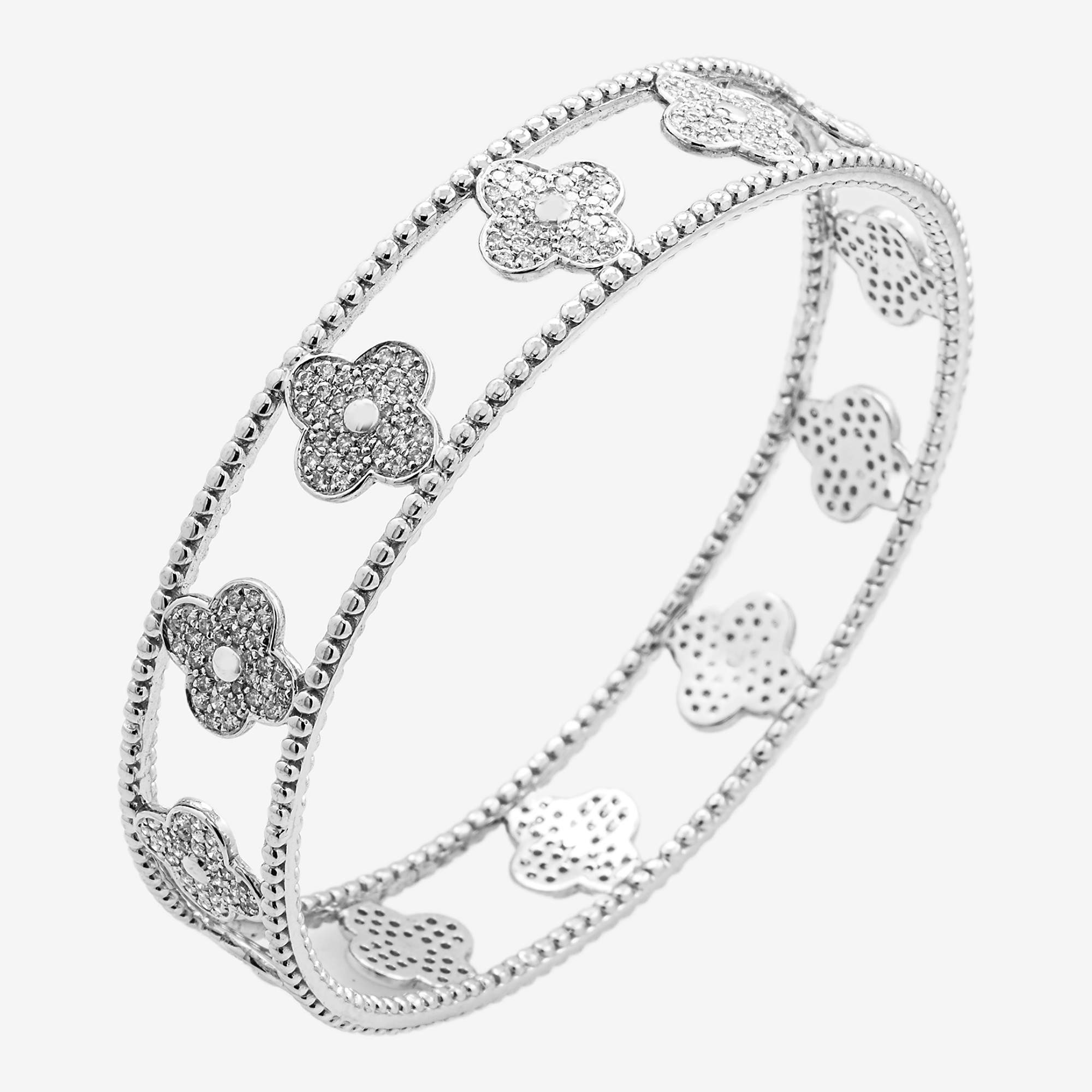 14K DIAMOND CLOVER FLOWER ETERNITY BAND PAVE FOUR LEAF CLOVER MILGRAIN OPEN WORK STACKABLE RING IN WG