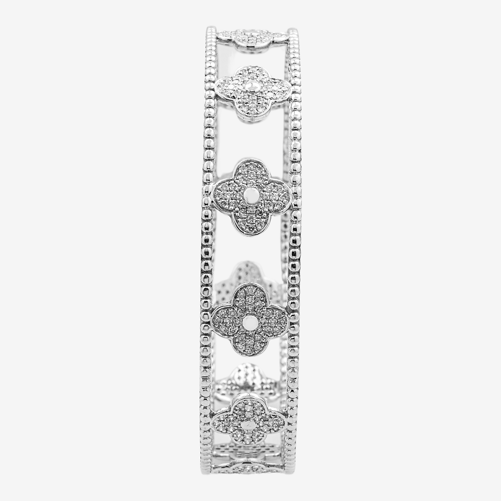 14K DIAMOND CLOVER FLOWER ETERNITY BAND PAVE FOUR LEAF CLOVER MILGRAIN OPEN WORK STACKABLE RING IN WG