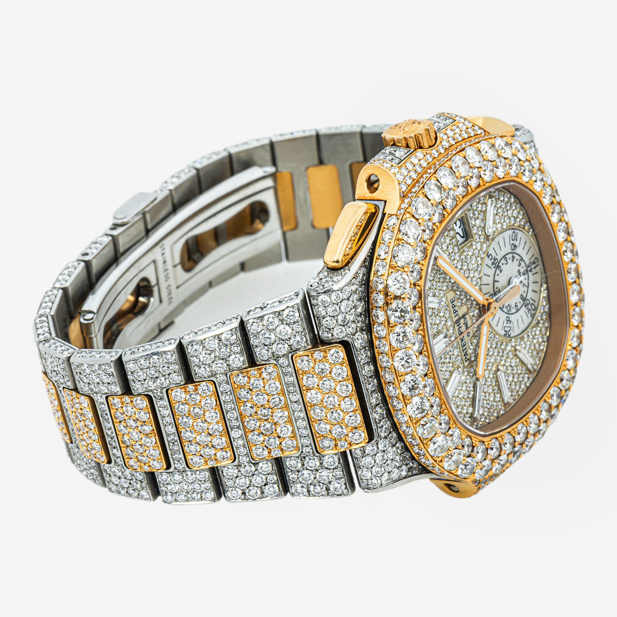 PATEK PHILIPPE NAUTILUS TWO TONE 5980 40MM SILVER DIAMOND DIAL WITH 24CT DIAMONDS