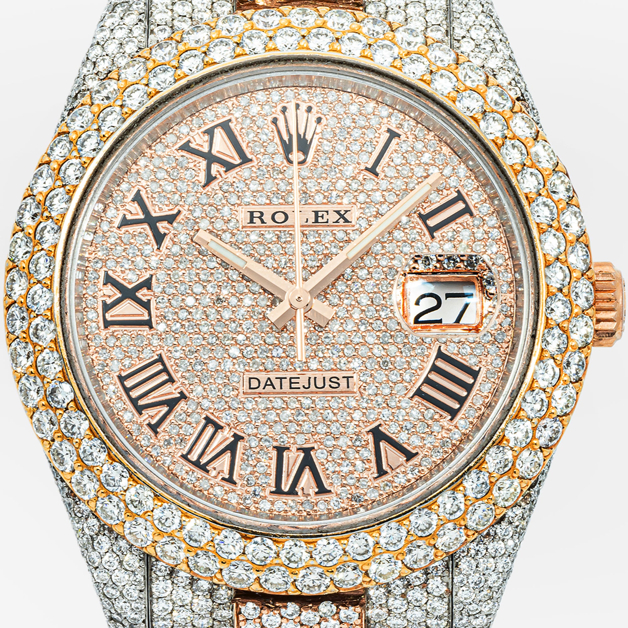 ROLEX DATEJUST 41MM 126331 DIAMOND PAVE BLACK ROMAN DIAL DIAMOND BEZEL TWO TONE ROSE GOLD FULL DIAMOND OYSTER BRACELET