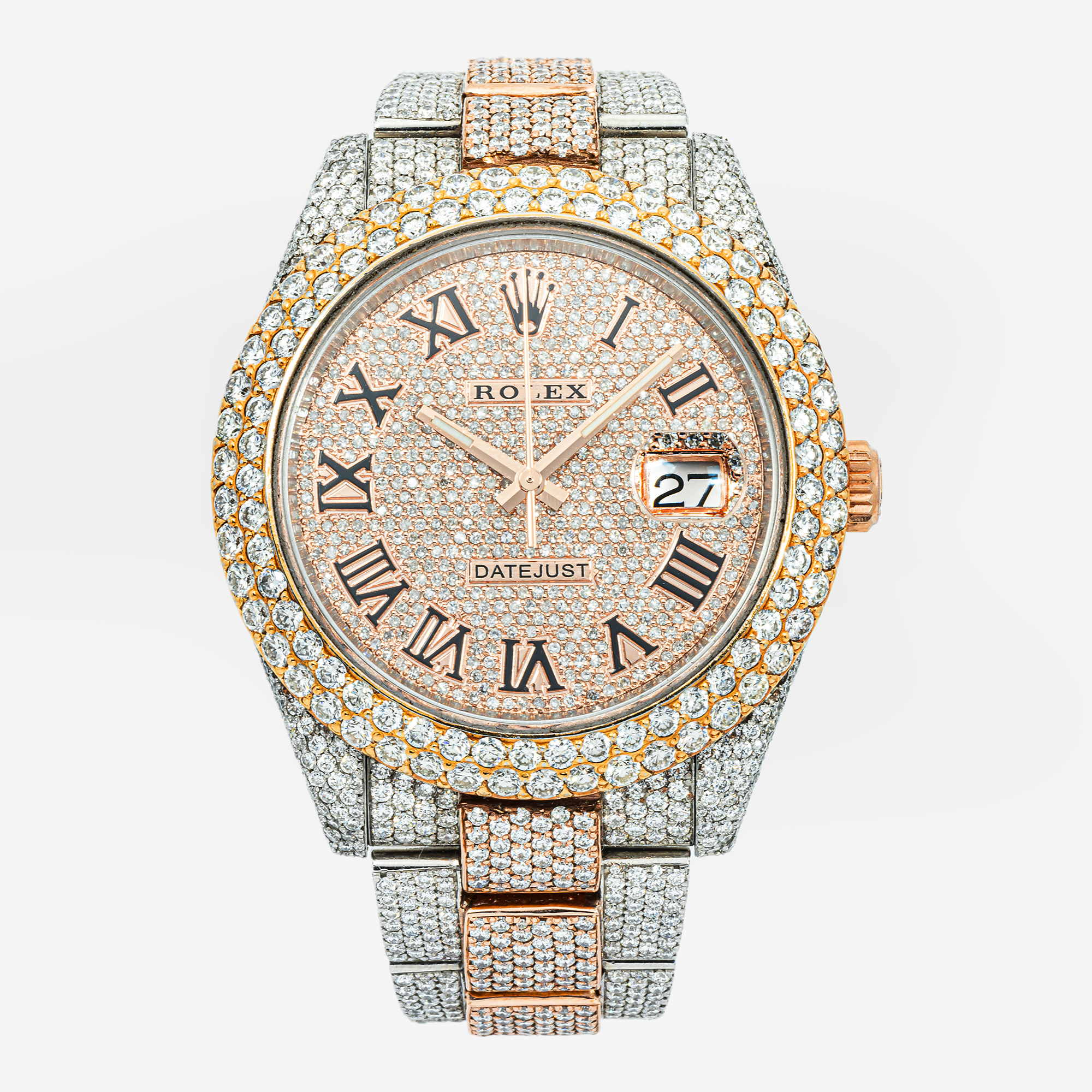 ROLEX DATEJUST 41MM 126331 DIAMOND PAVE BLACK ROMAN DIAL DIAMOND BEZEL TWO TONE ROSE GOLD FULL DIAMOND OYSTER BRACELET