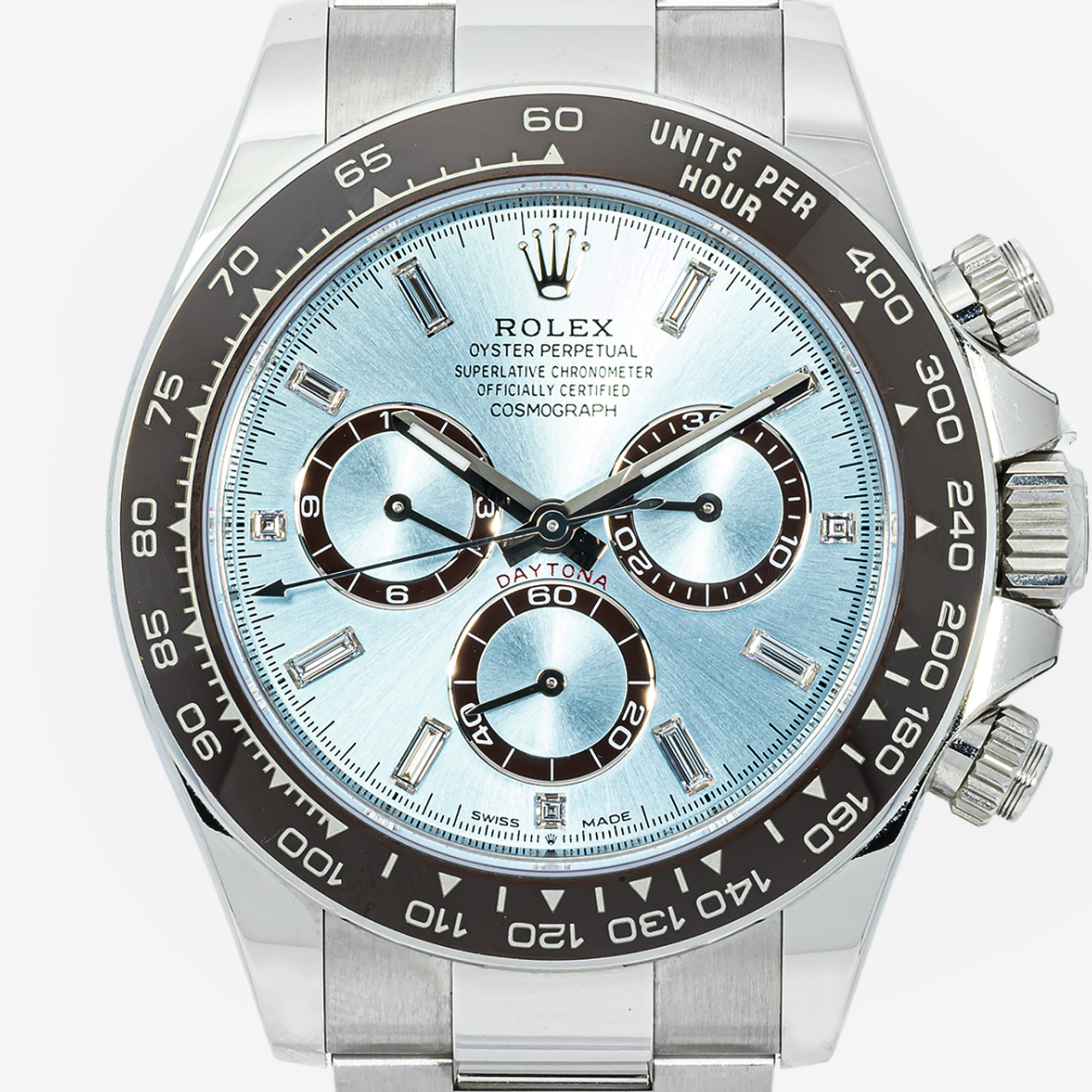 ROLEX COSMOGRAPH DAYTONA 40MM 116506 ICE BLUE DIAL BLACK CERAMIC TACHYMETER BEZEL PLATINUM OYSTER BRACELET