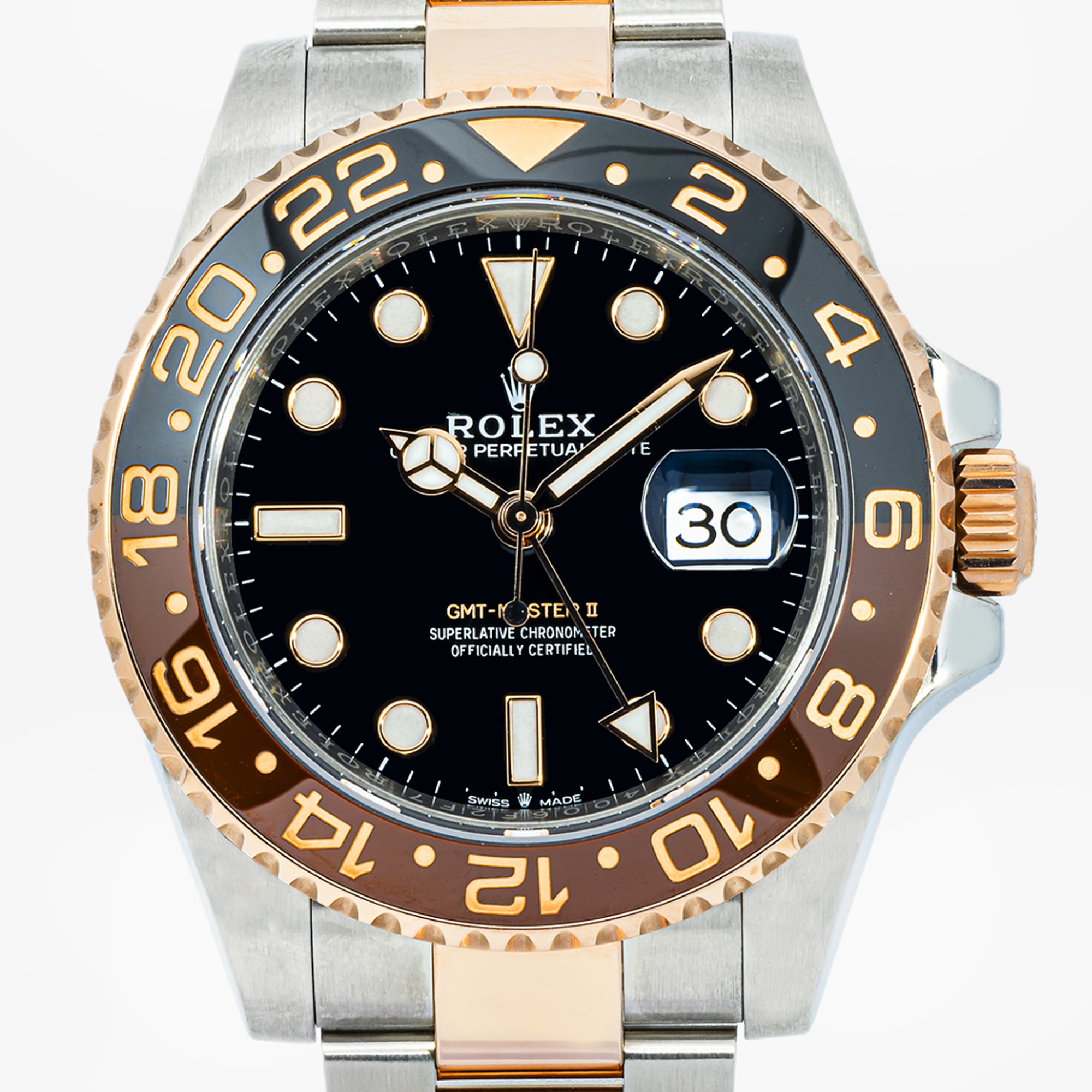 ROLEX GMT-MASTER II 40MM 126711CHNR ROOT BEER BLACK DIAL BLACK & BROWN CERAMIC BEZEL TWO TONE ROSE GOLD OYSTER BRACELET