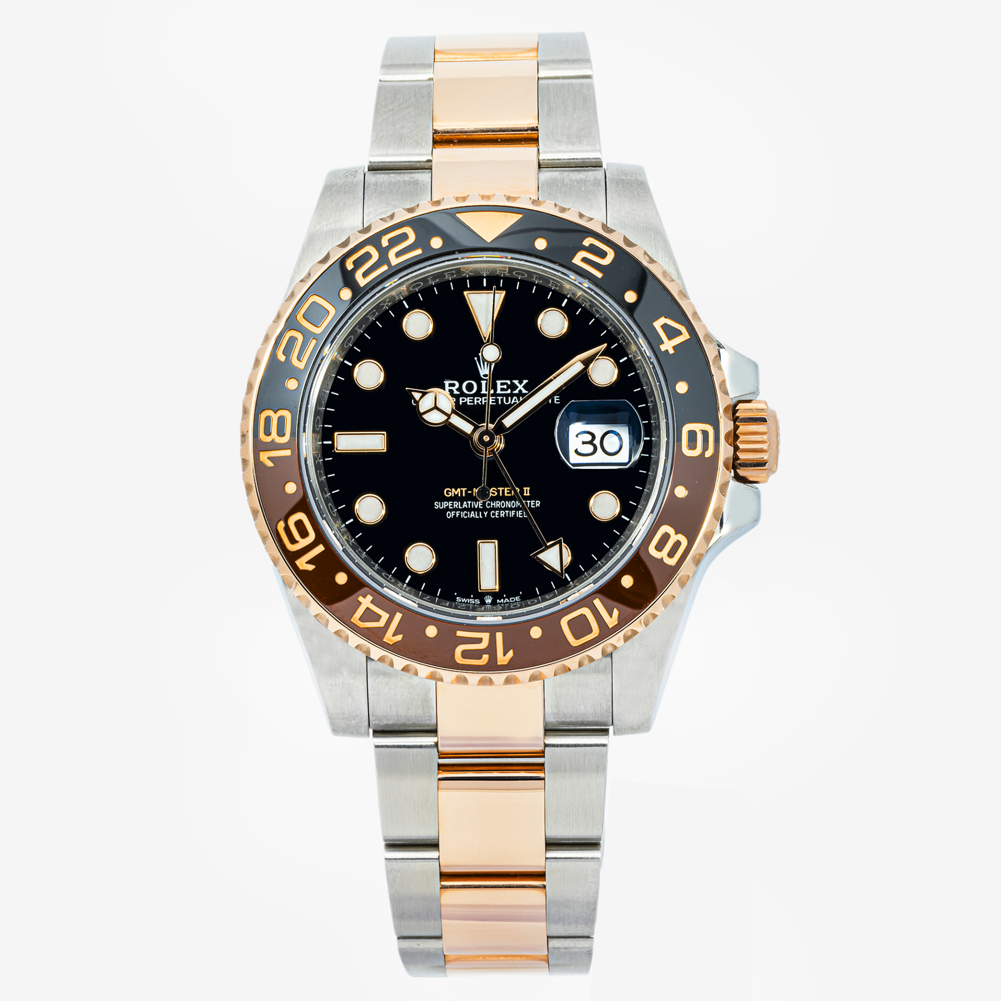ROLEX GMT-MASTER II 40MM 126711CHNR ROOT BEER BLACK DIAL BLACK & BROWN CERAMIC BEZEL TWO TONE ROSE GOLD OYSTER BRACELET