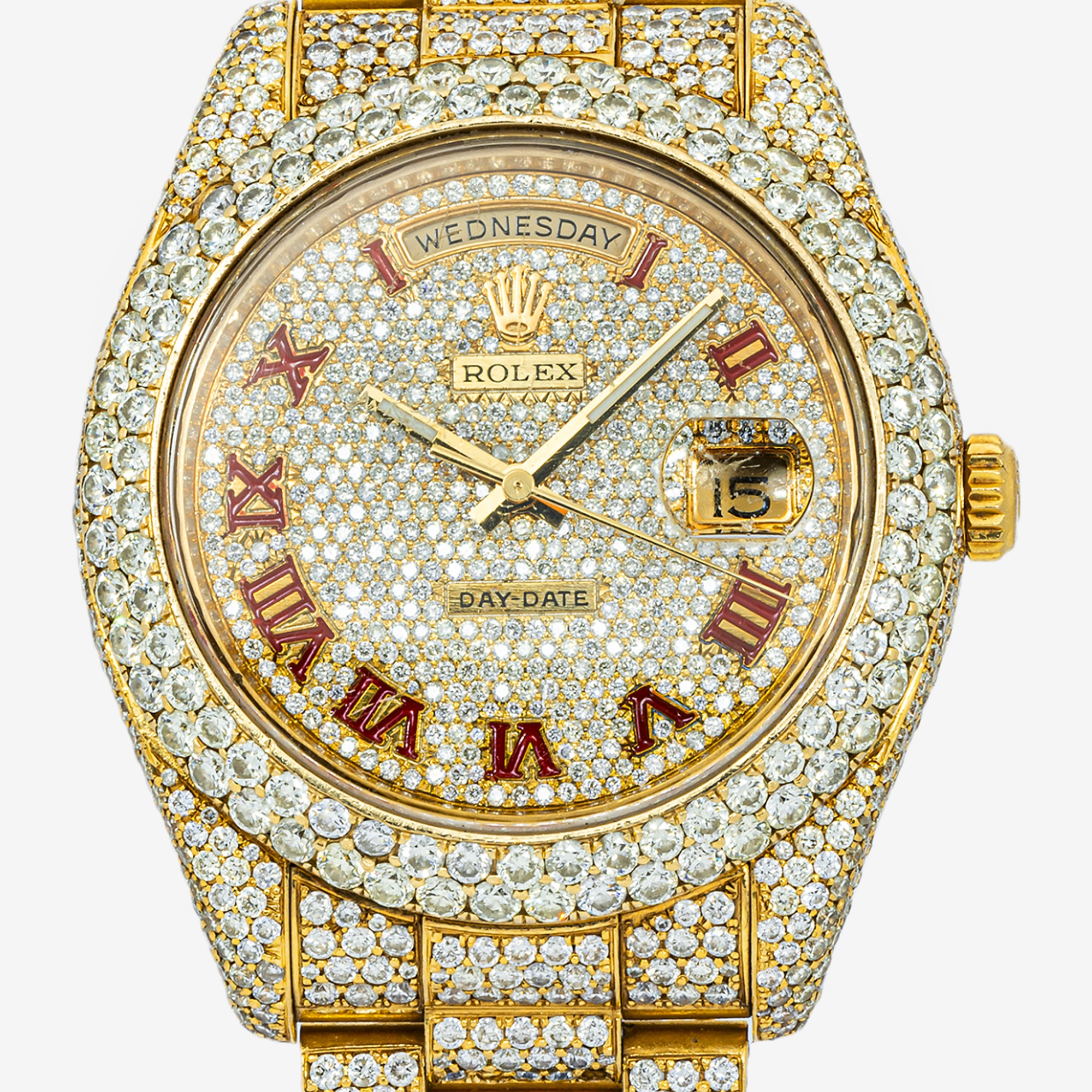 Rolex Day-Date II 41MM 218235 Diamond Paved Roman Dial Diamond Bezel 18K Yellow Gold Full Diamond President Bracelet 21.75ct