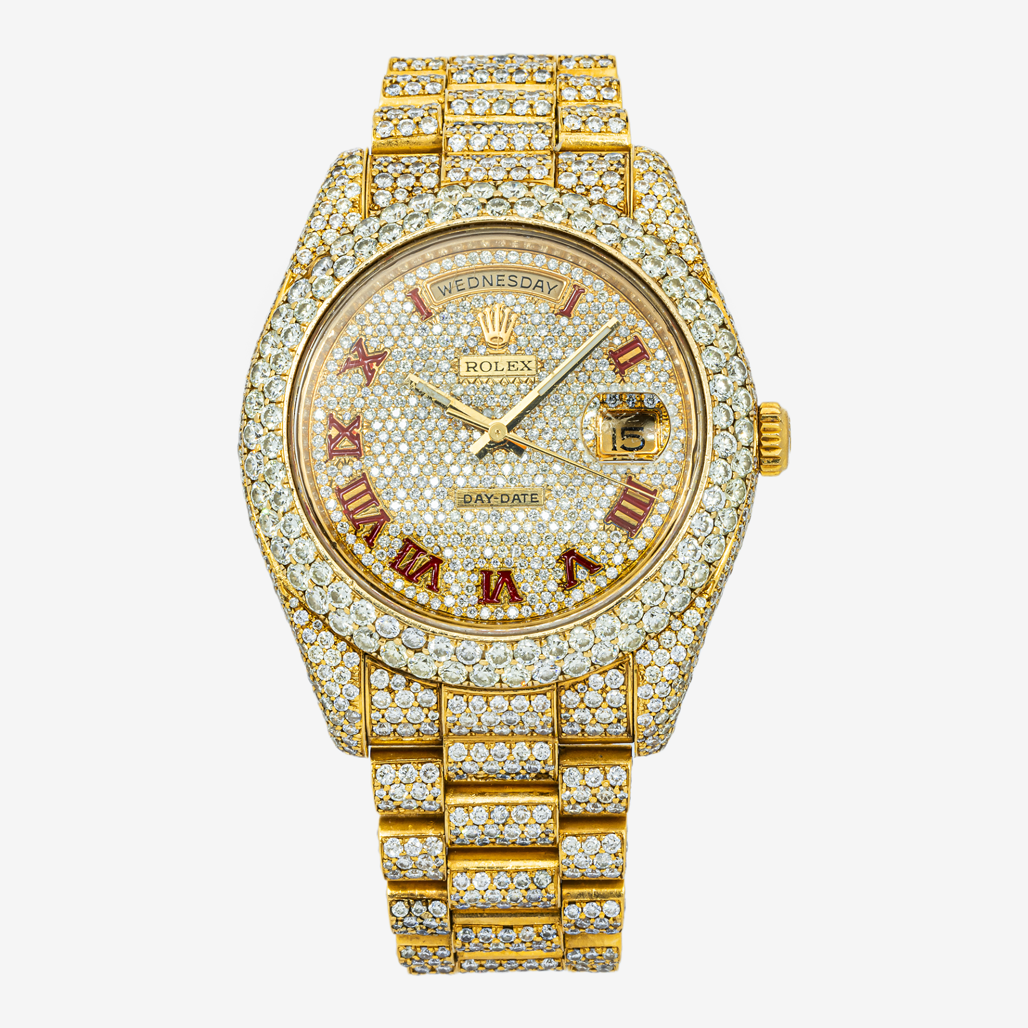 Rolex Day-Date II 41MM 218235 Diamond Paved Roman Dial Diamond Bezel 18K Yellow Gold Full Diamond President Bracelet 21.75ct